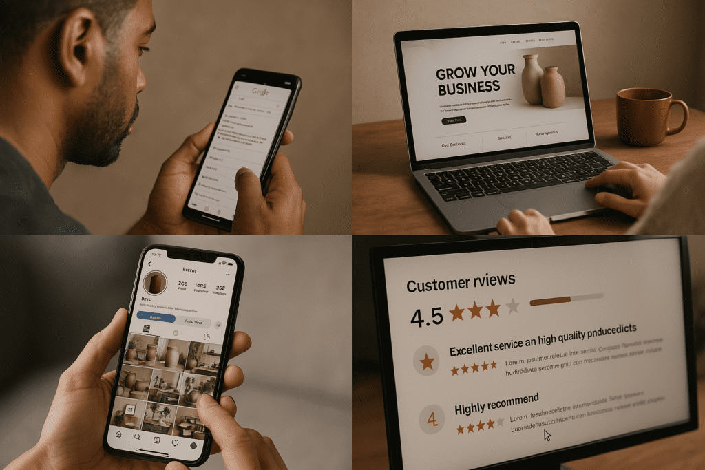 online presence for businesses in South Africa | South African entrepreneur searching for digital marketing services on Google, managing a website, reviewing Instagram presence, and analysing online customer reviews.