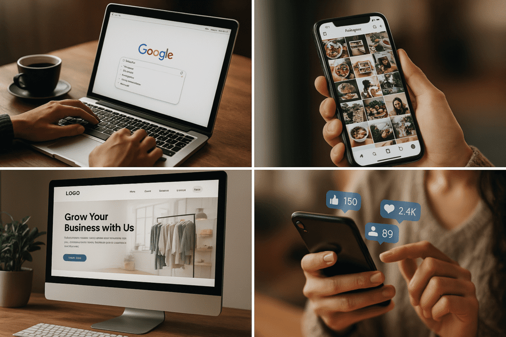 online presence for businesses in South Africa | Hands-on view of South African business owners using Google, Instagram, and a website to grow online presence and drive social media engagement.