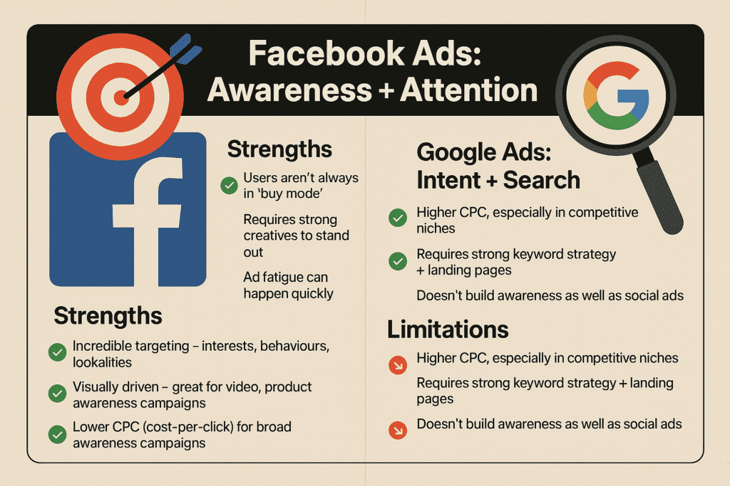facebook vs google ads 2025 | Facebook Ads: Awareness + Attention